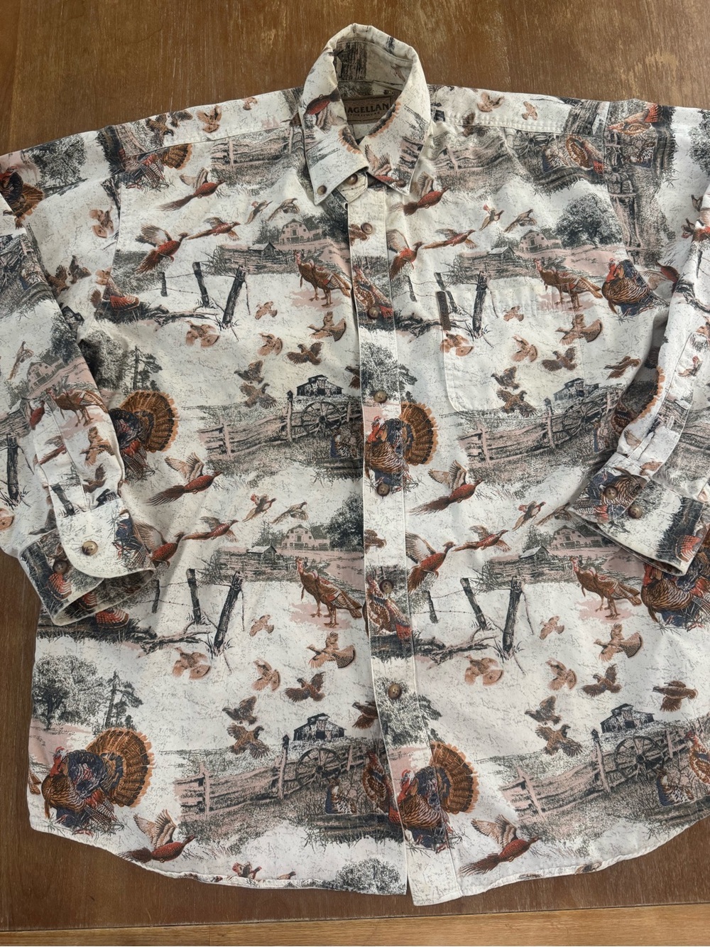 Magellan Outdoors Beige Button-Up Shirt with Brown and Rust Turkey Print